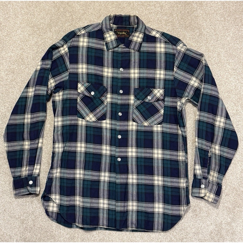 Vintage Viyella Shirt Golden Arrow Plaid Flannel Sz M 15-15.5 Green/Blue 60s/70s